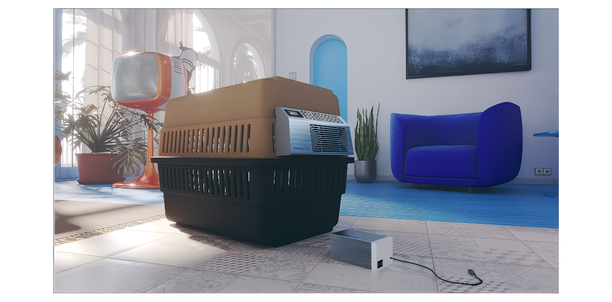Transportin con módulo de enfriamiento Summerpets de Climapets y batería, al interior de un hogar